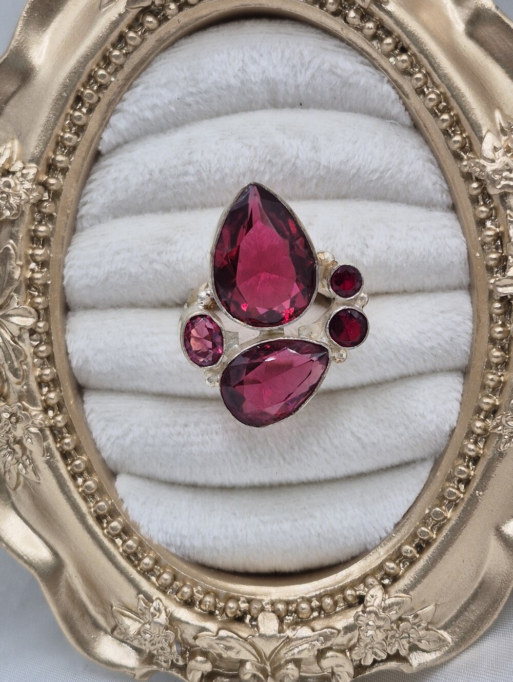 Sterling Silver Cubic Zirconia Ring Deep Pink Teardrop Chandelier Stones